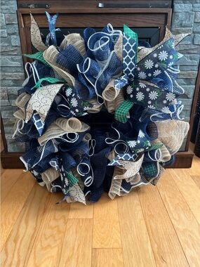 Navy Blue and Natural Burlap Decorative Wreath by